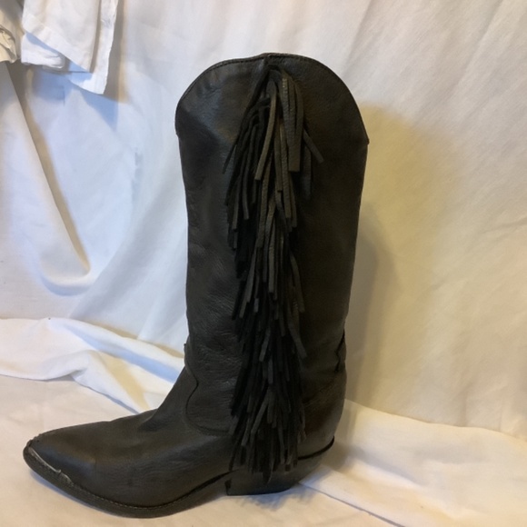Vintage size 8 Western style black leather fringe cowboy boots made in USA - Picture 7 of 16